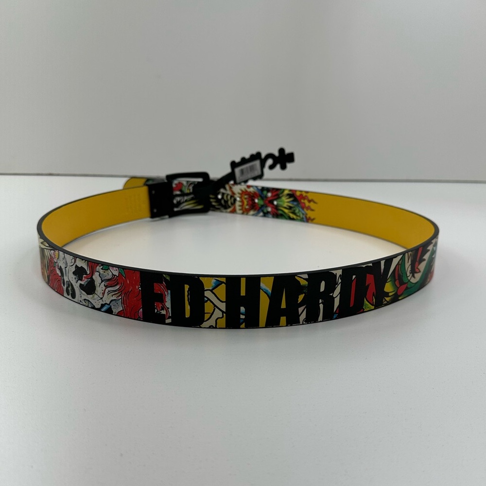 Ed Hardy Reversible Belt Y2K Tattoo Print Black Yellow Men's Size 38